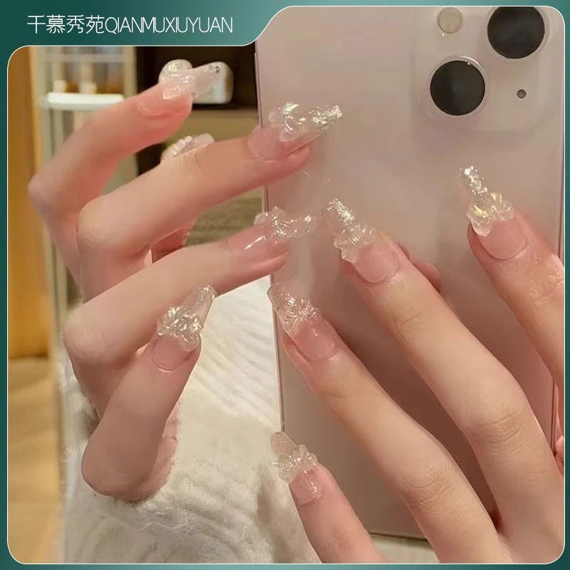 冬凝冰甲-透明闪钻蝴蝶结在指尖绽放纯手工穿戴式冰透