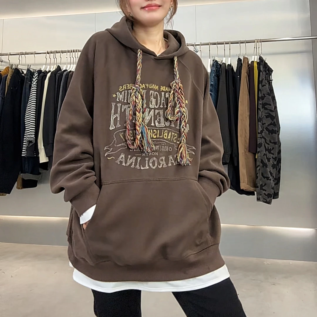 【YL严选】美式休闲复古字母印花彩色帽绳设计宽松连帽卫衣女上衣