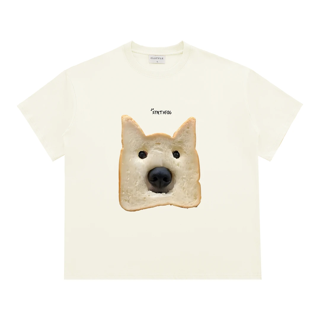 国潮【面包小狗S116】直喷黑白短袖T恤潮流卡通男装宽松纯棉圆领