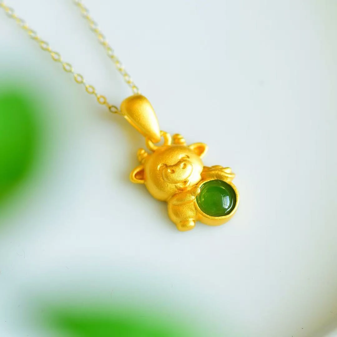 S925银镶和田玉碧玉萌牛清新小众百搭吊坠自带送礼（送S925银项链）
