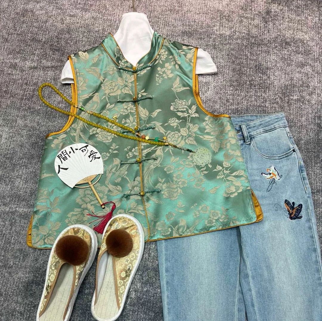 桑蚕丝牡丹富贵提花立领马甲