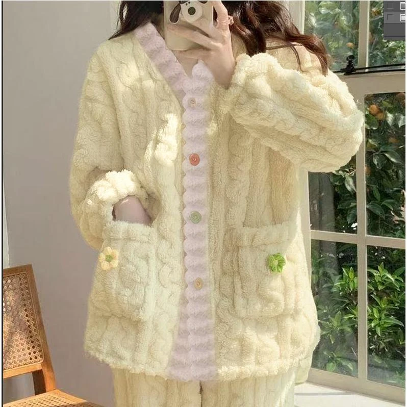 秋冬加绒加厚女士家居服珊瑚绒提花暖暖毛绒睡衣彩虹小花开衫套装