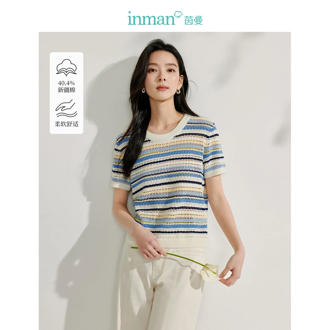 茵曼法式彩虹条镂空短袖针织衫女2025年夏季新款通勤套头薄款上衣