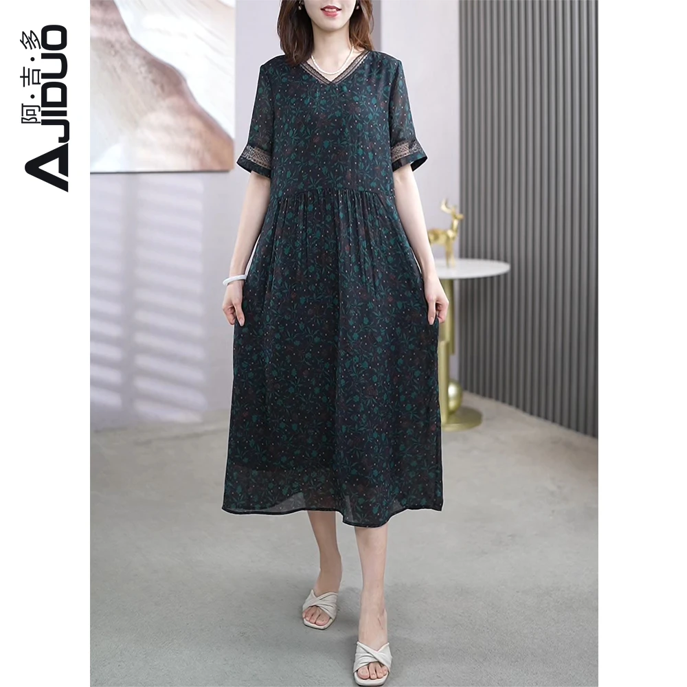 阿吉多短袖气质V领连衣裙2025新款女夏季法式复古黑色A89986