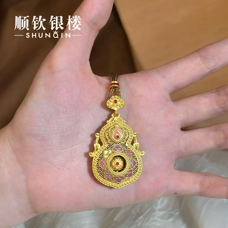 顺钦银楼 吊坠足银布 【粉香禄套链】999.9国风设计感描金葫芦吊坠