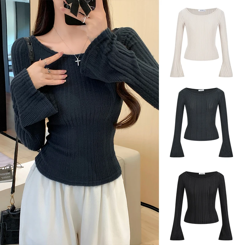 Moses Queen/魔西女王正肩灰色磨毛喇叭袖T恤加厚修身长袖打底衫