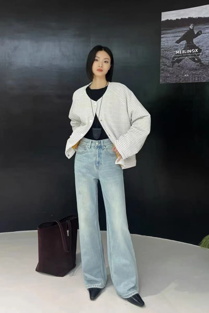 9566-3#无弹 植绒款 韩版高腰直筒长裤 显瘦牛仔裤女