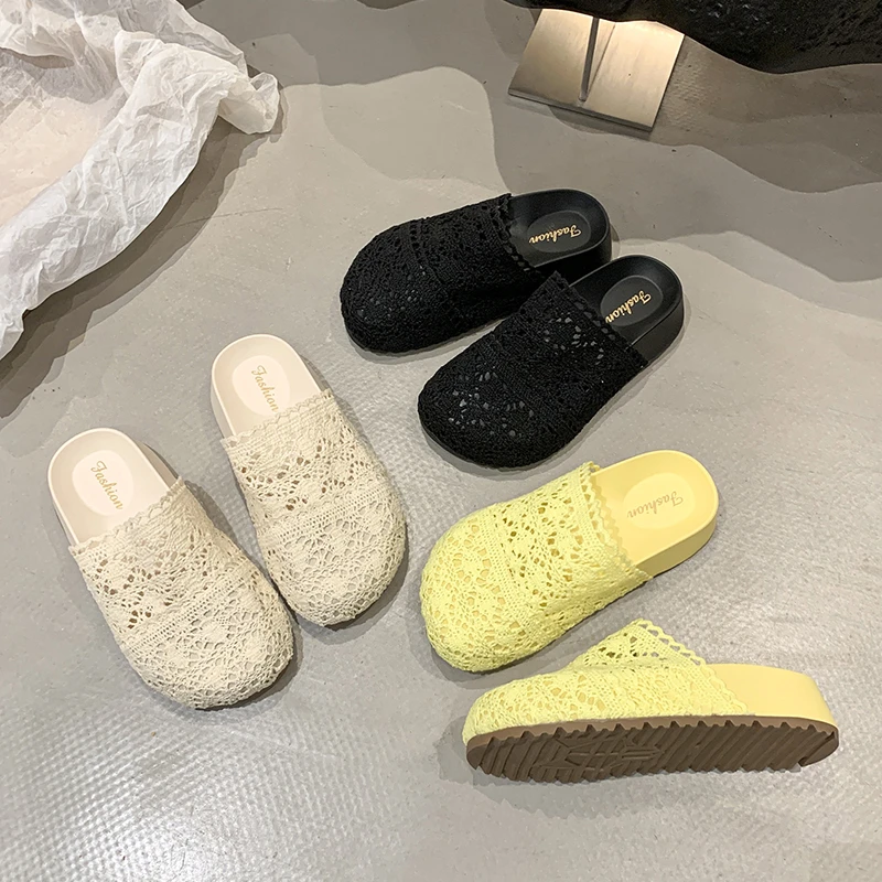 勃肯鞋2025夏季新款针织镂空蕾丝钩花文艺风厚底松糕包头凉拖鞋