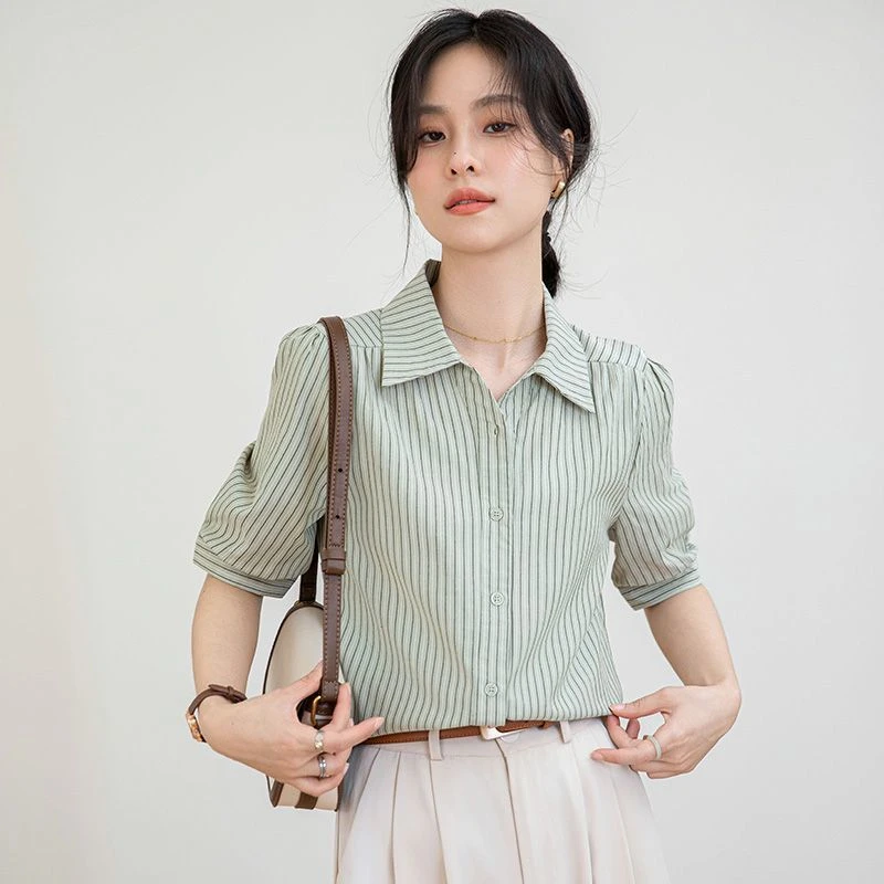 轻熟风通勤条纹衬衫女2025夏季新款短袖拼接衬衫百搭时尚职业上衣