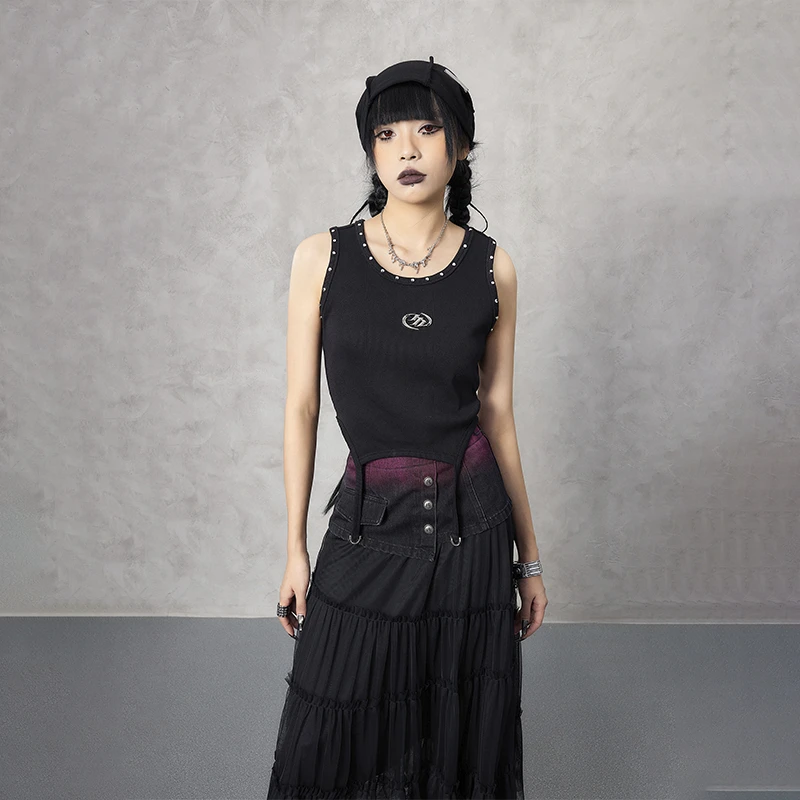 TUOGU/拓谷运动针织短款时尚夏季黑色印花无袖上衣C50170