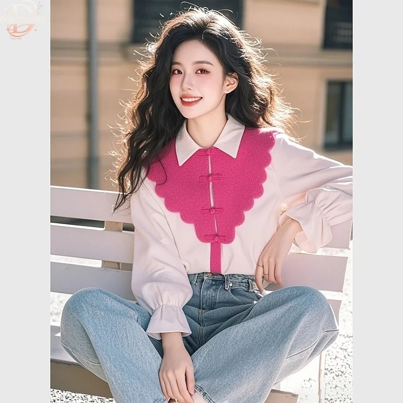 今年流行爆款超好看欧货独特别致减龄白色拼接新中式盘扣上衣女秋