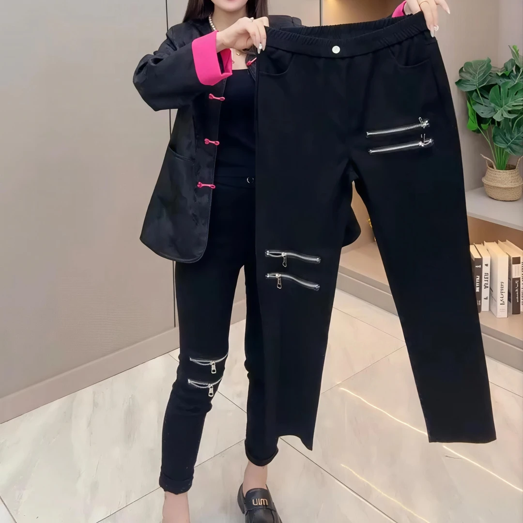 秋冬新款拉绒黑色显瘦百搭拉链设计高腰弹力铅笔小脚裤6679