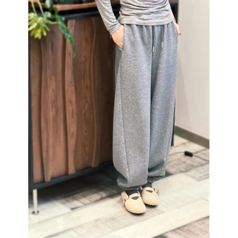 【双十一福利】加绒卫裤2025冬季新款慵懒风宽松加厚灰色束脚卫裤