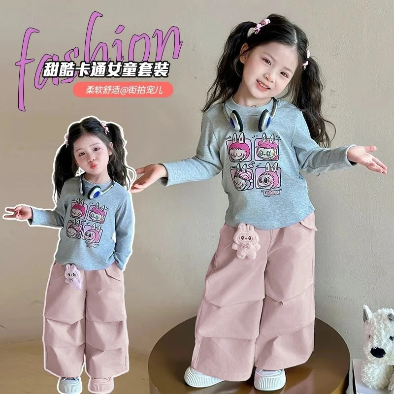 儿童春秋季套装女童收腰长袖T恤打底衫宝宝直筒阔腿裤女宝两件套