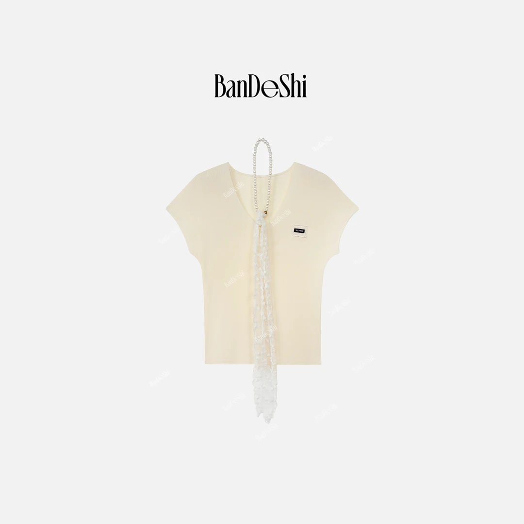 【C2601】#班德施-设计师款时尚气质休闲珍珠飘带针织衫短袖简约SC