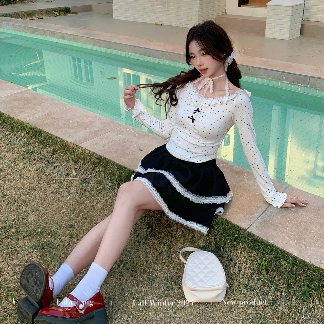 黑糖白巧 织物猪原创 韩系少女风波点蕾丝长袖上衣女修身显瘦短裙