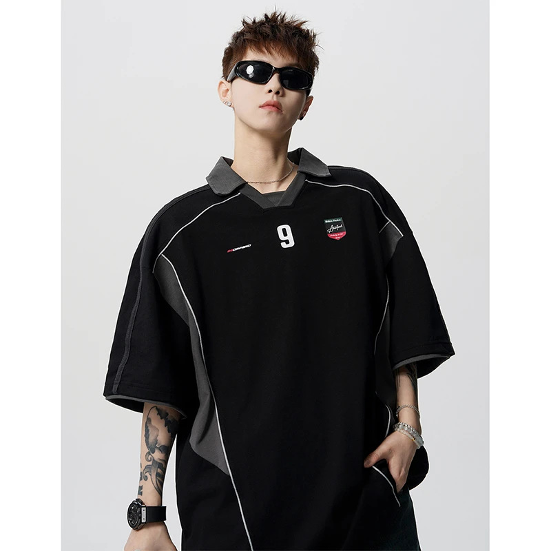 超大码300斤时尚痞帅运动拼接短袖T恤夏季机车服宽松显瘦休闲上衣