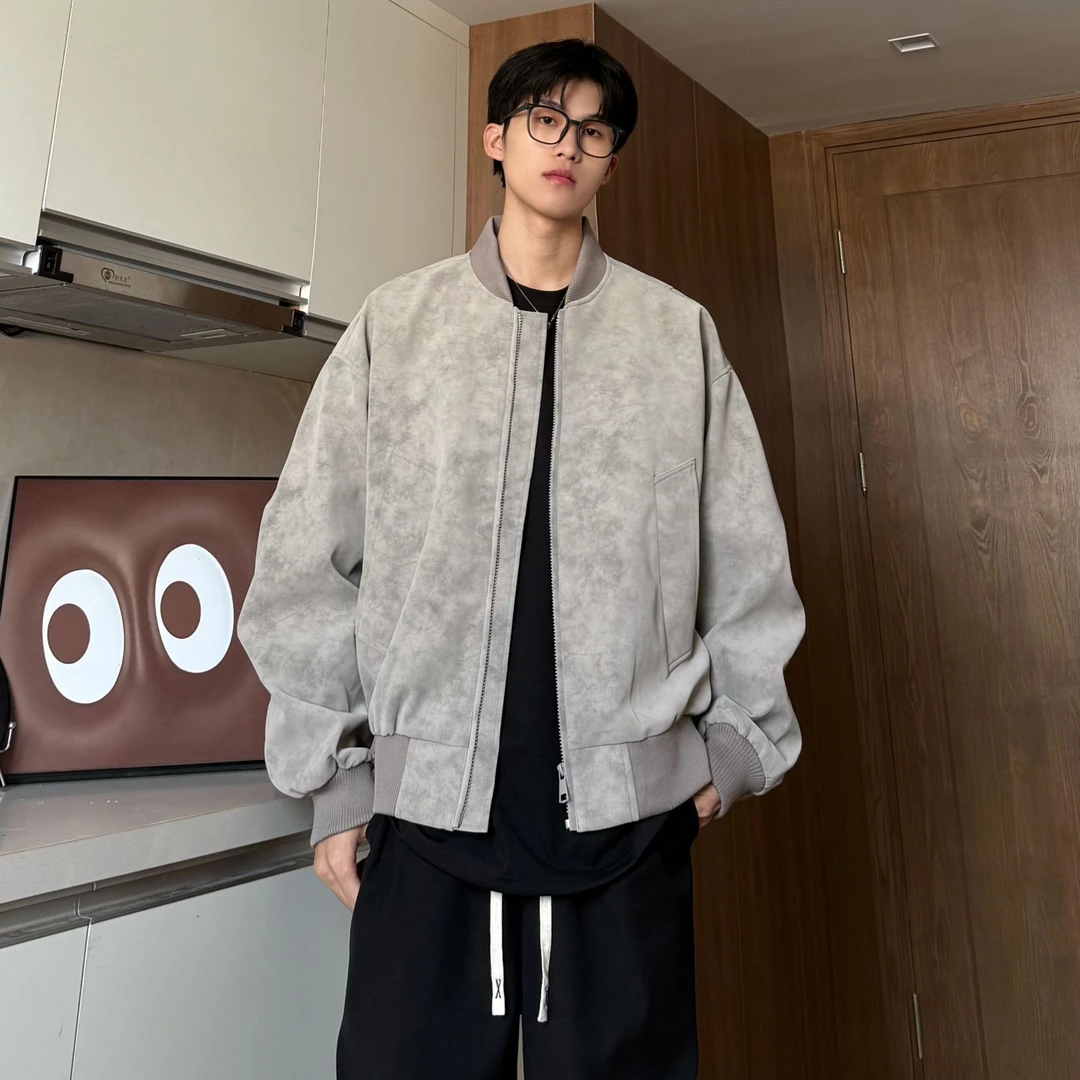 美式春秋复古棒球领PU皮夹克男潮流扎染宽松痞帅上衣休闲情侣外套