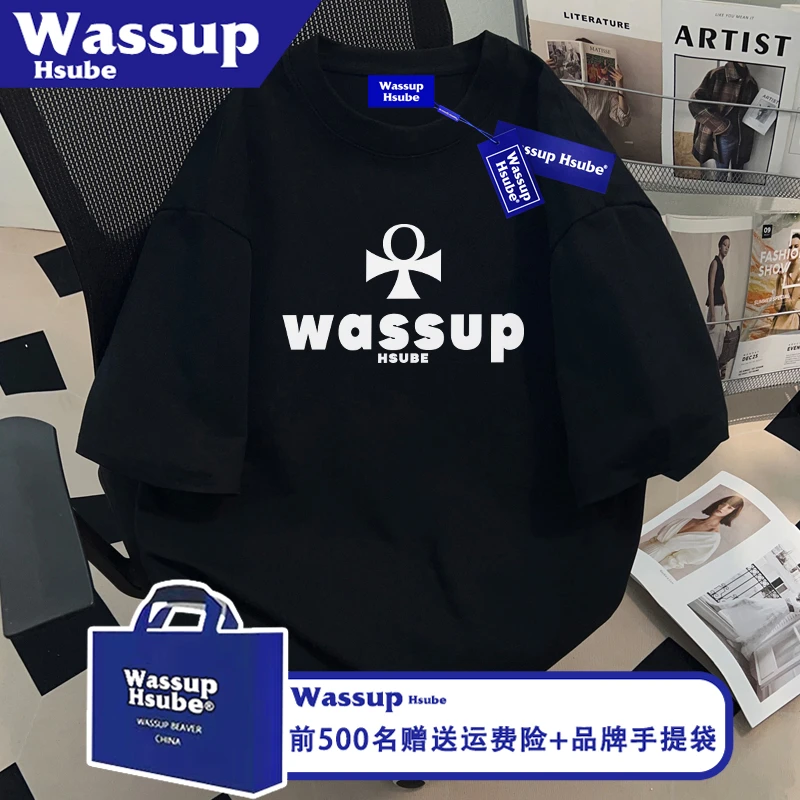 WASSUP HSUBE时尚创意字母印花黑色T恤ins夏季纯棉短袖男女款半袖