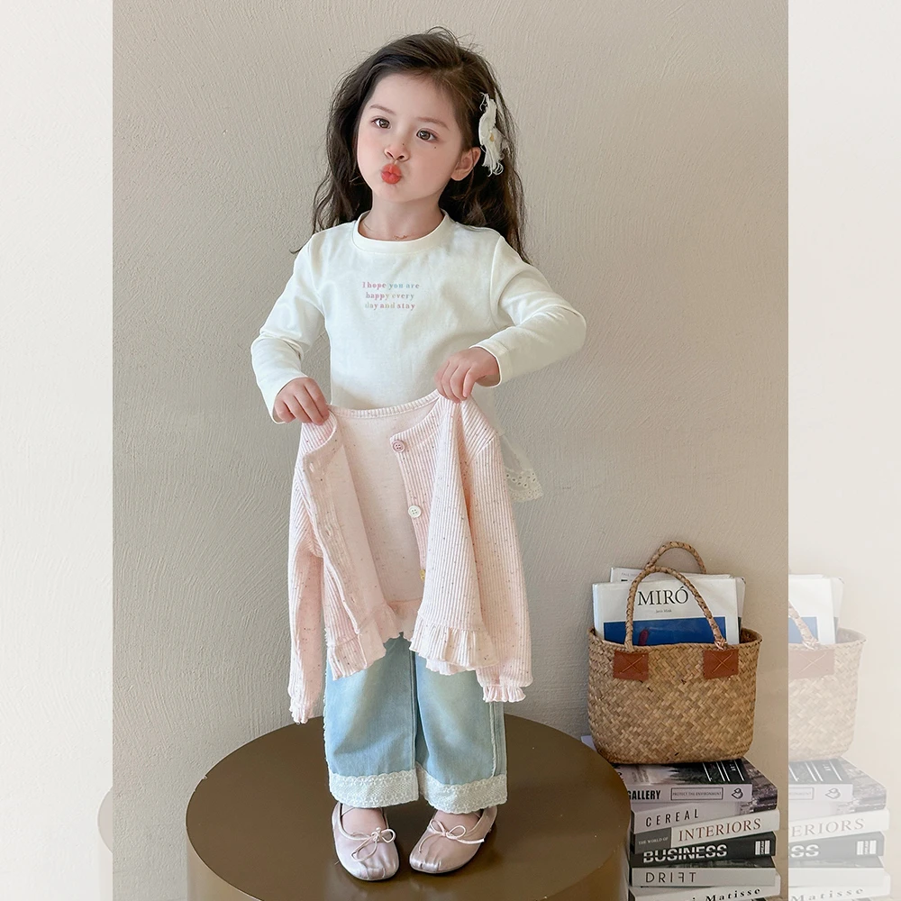 英国MK&DK 女童韩版秋装针织套装女宝宝牛仔三件儿童百搭衣服秋装