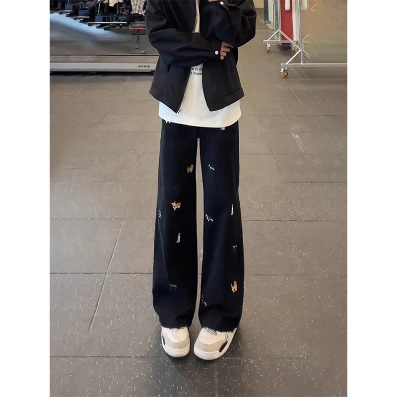 黑色直筒小狗刺绣牛仔裤男夏季美式痞帅高级感裤子显瘦弯刀微喇裤