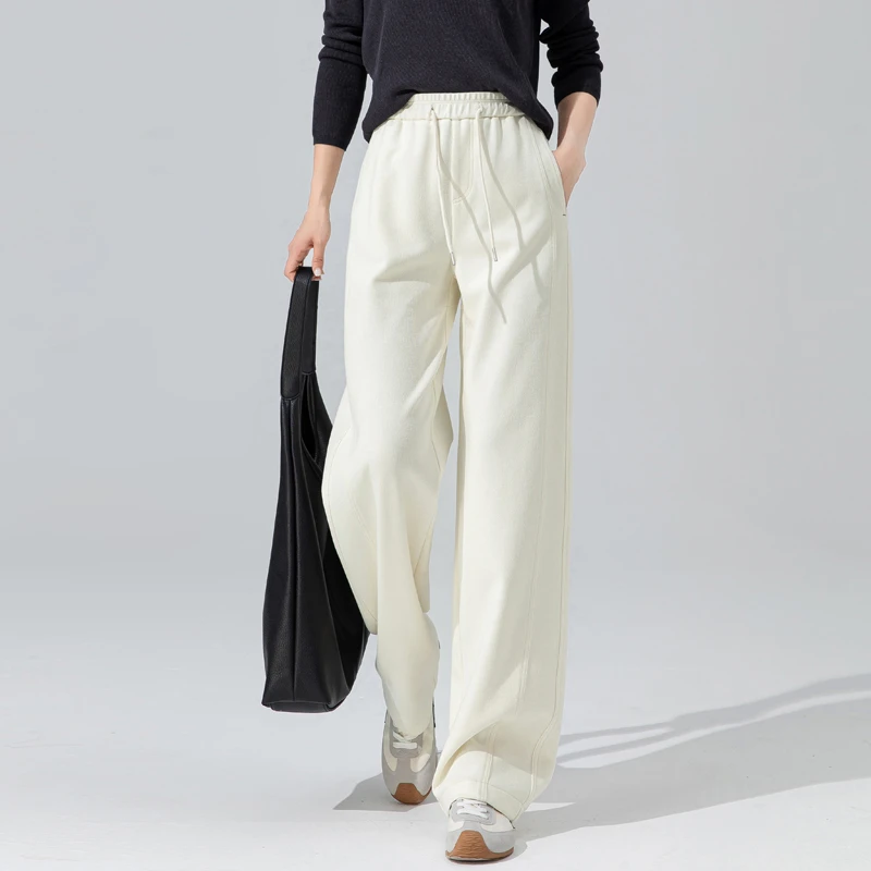 米白色裤子女2025新款韩系早秋穿搭宽松羊毛阔腿裤高端窄版镰刀裤