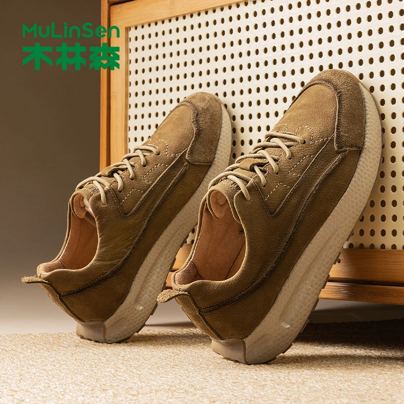 木林森男鞋厚底休闲皮鞋跑步高端透气新款复古旅游运动男款软底