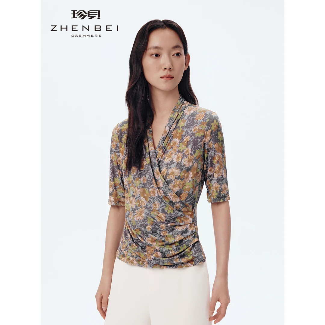 【面膜*丝】25夏季新款V领优雅碎花桑蚕丝上衣女薄37616