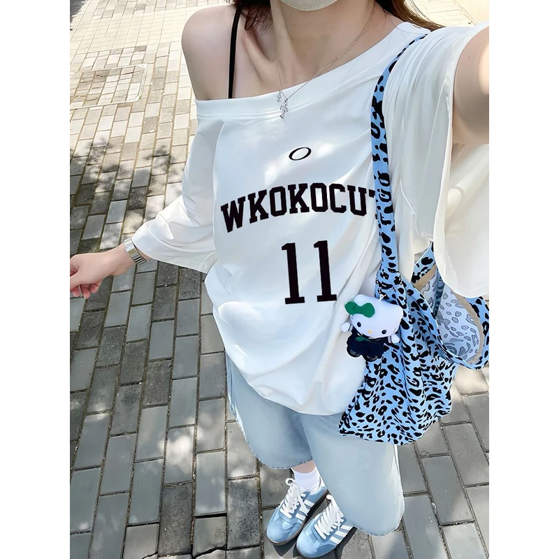 【ZHAP】夏季新款一斜肩宽松短袖爆款t恤女甜美卡通新中式高级百搭