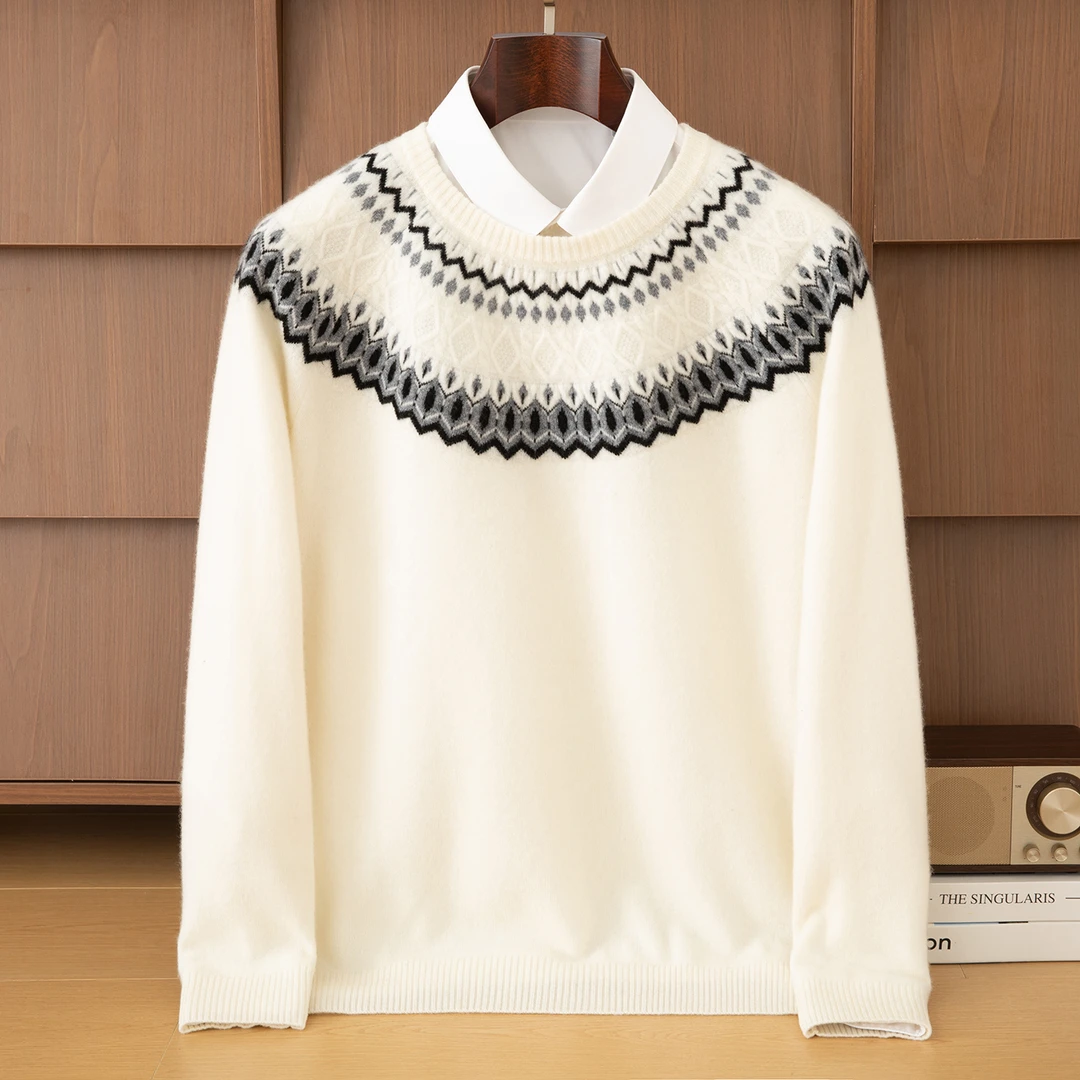 男士圆领费尔岛提花秋冬套头款羊毛衫时尚百搭休闲保暖针织衫