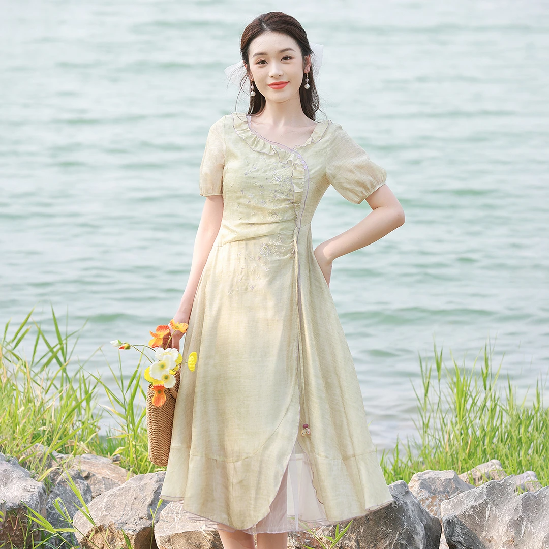 烟花烫国风刺绣气质连衣裙女夏季清新收腰a字显瘦中长款裙子 池绣