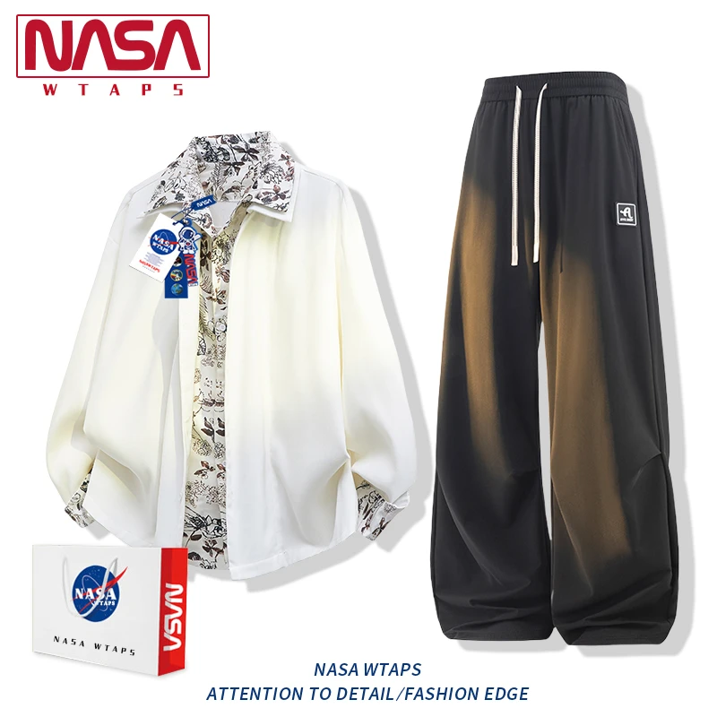 NASA WTAPS老钱风假两件休闲运动套装男秋季潮牌宽松衬衫裤子一套