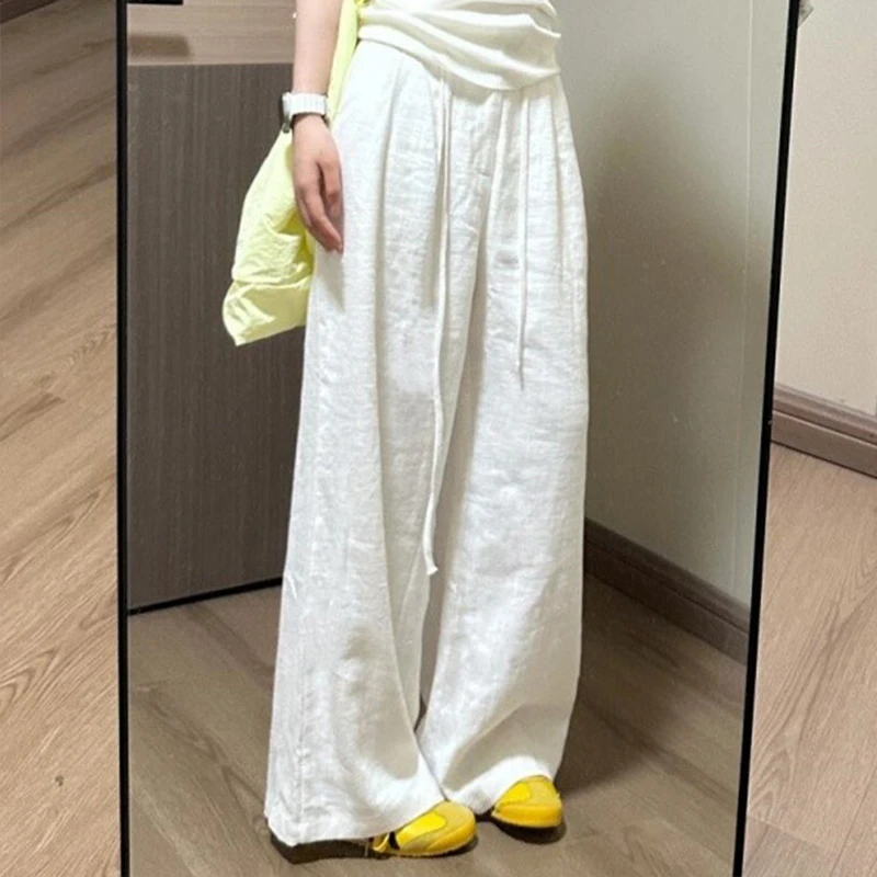 2025新款白色阔腿裤夏季薄款高腰宽松直筒窄版松弛休闲拖地长裤子