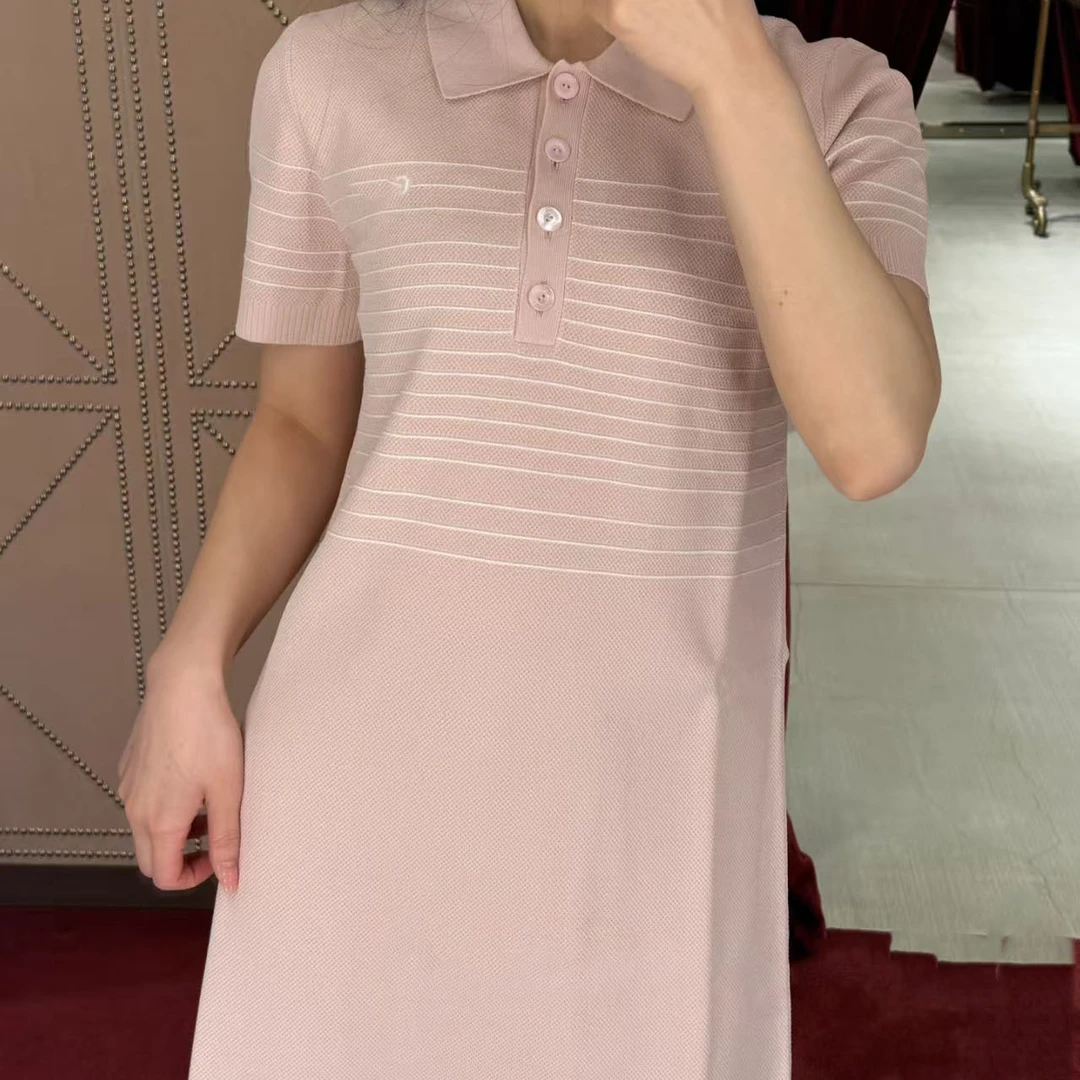 实拍东莞新款宽松条纹针织字裙短袖气质通勤连衣裙女款春夏现货
