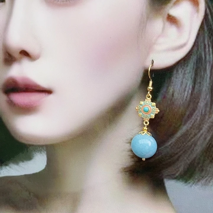 石英质玉耳钉合金海蓝珐琅配件