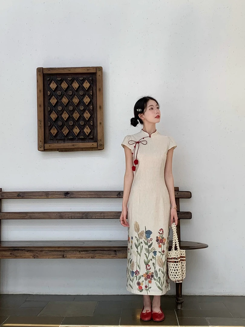 印花棉麻连衣裙女夏季新款可拆卸红花朵中式改良旗袍气质显瘦长裙