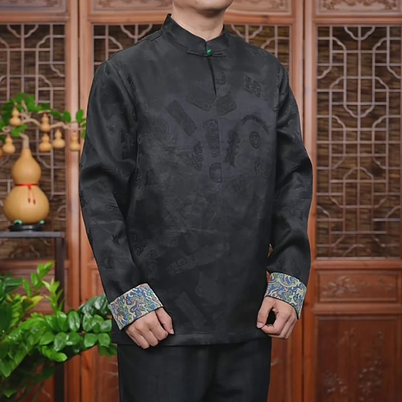 香云纱三星堆提花唐装中式秋季新款上衣男极简复古翻袖口套头T恤