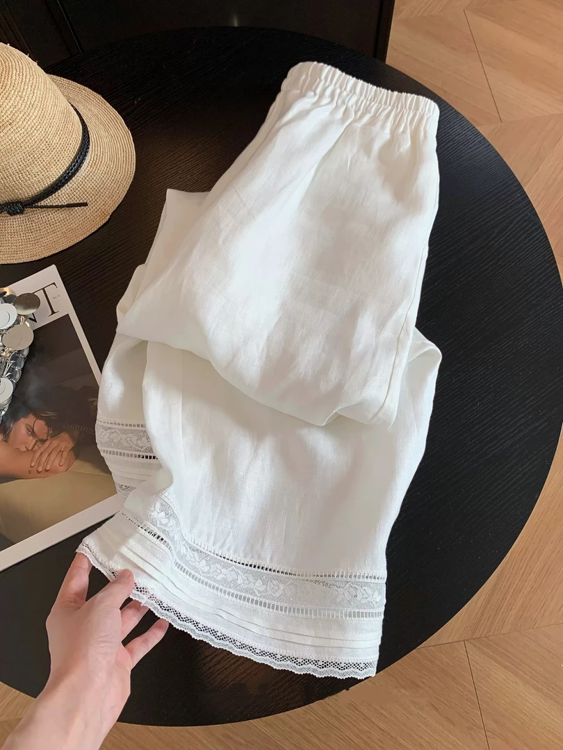 新款韩版简约纯色刺绣花边阔腿休闲裤K25220