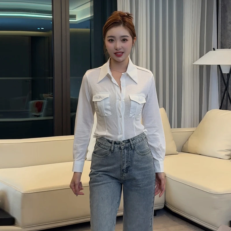 韩系白色长袖衬衫女秋季新款纯欲气质收腰修身设计感休闲薄款衬衣