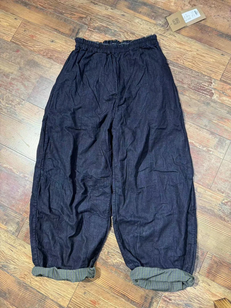 素朴布衣 衣路走来原创37932春新双层休闲松紧腰牛仔蓝色棉麻长裤