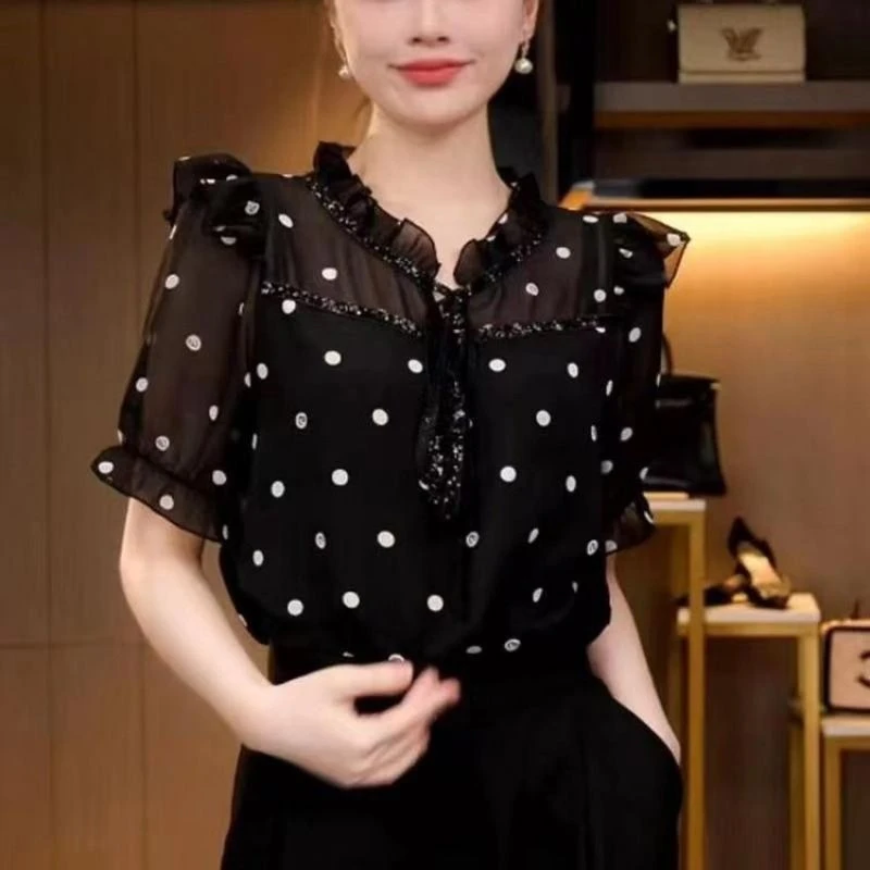 法式波点雪纺衬衫女夏季2024新款木耳边高端轻奢洋气减龄宽松上衣