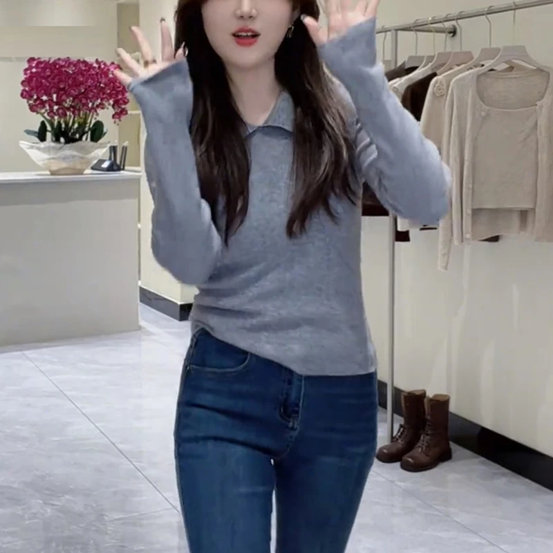 初秋穿搭大翻领针织衫女2025新款春秋修身显瘦长袖薄款针织上衣女