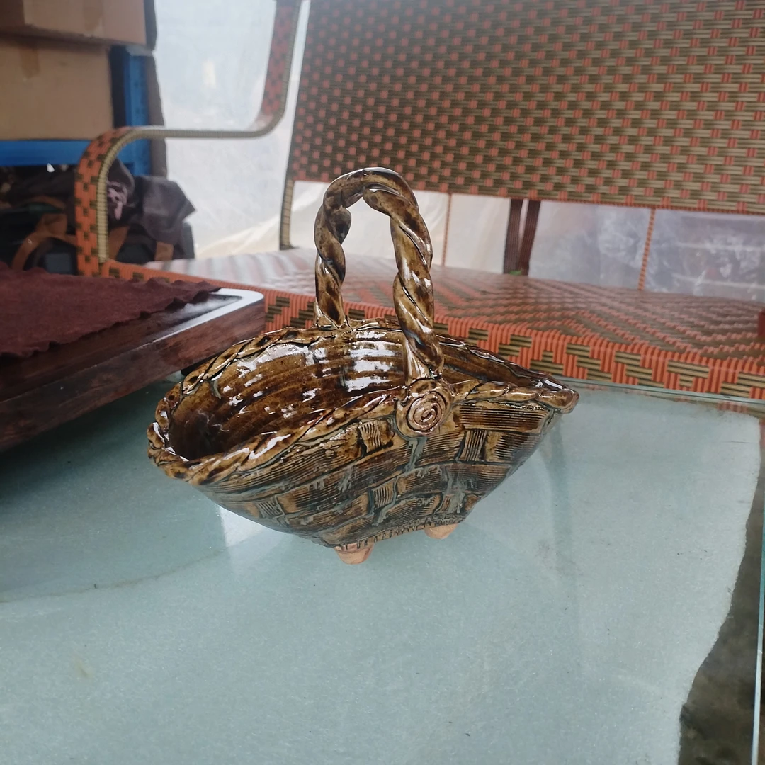 非遗手工柴烧粗陶高端釉变桌面小瓜果提篮