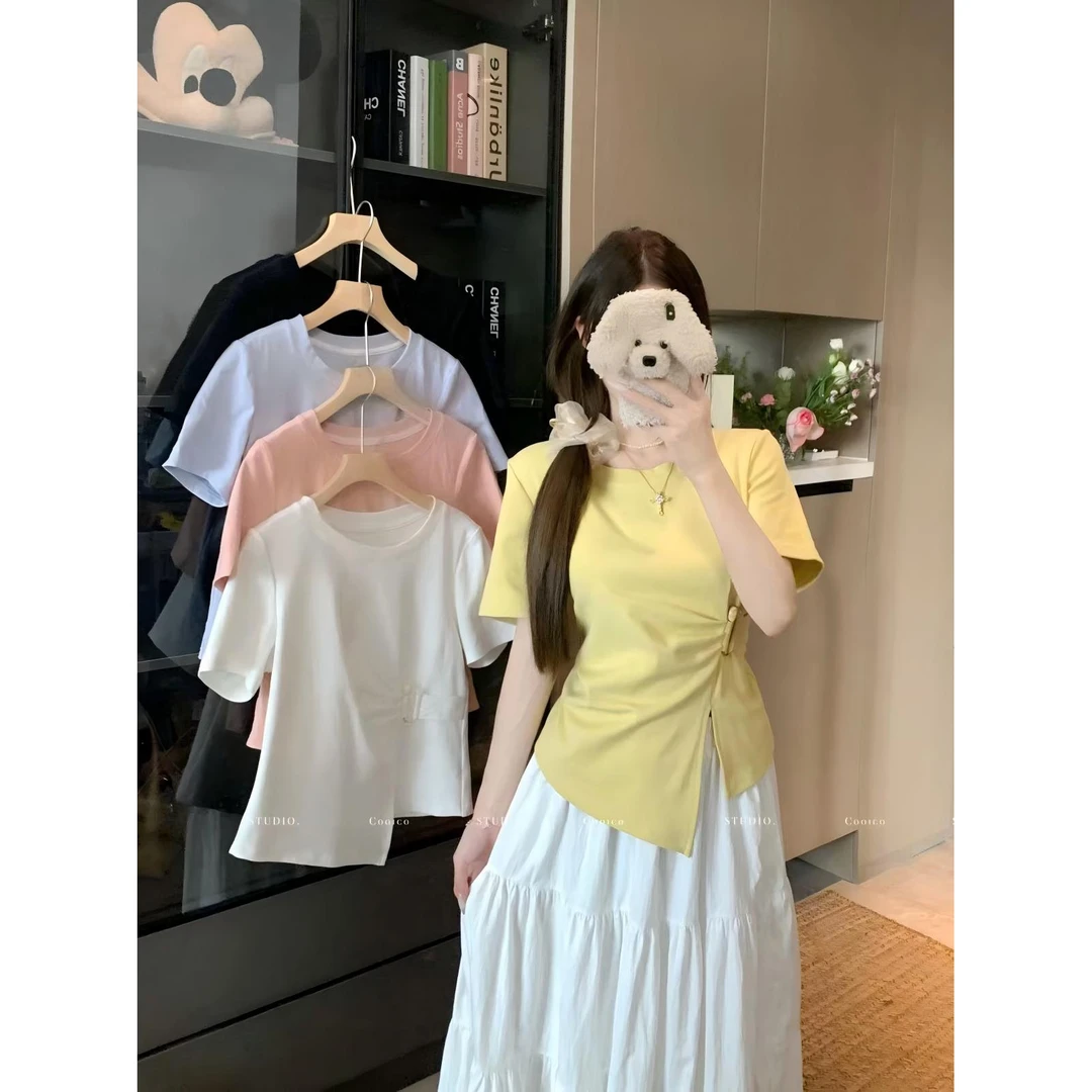 【柔柔】胖mm春季欧若风法式别致扭结短袖T恤设计感百搭显瘦上衣女