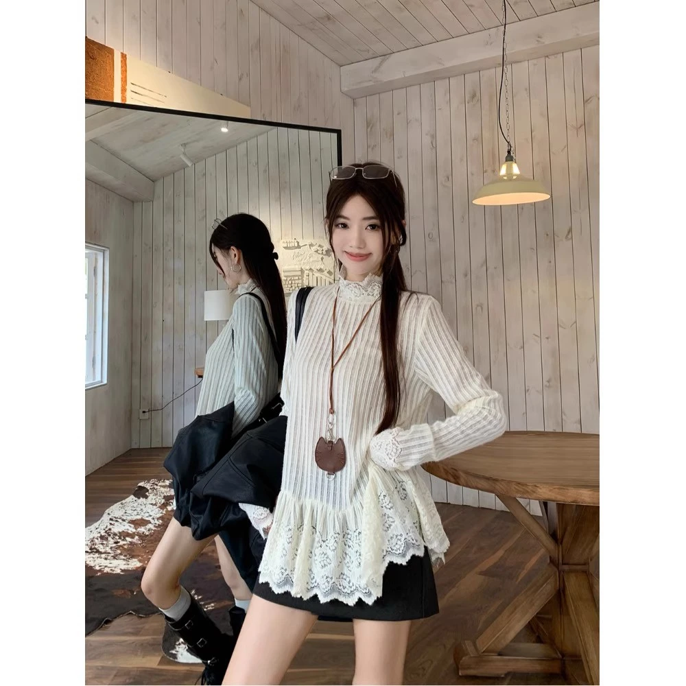 设计感长袖t恤女2025新款秋季打底衫气质蕾丝韩系慵懒松弛感上衣