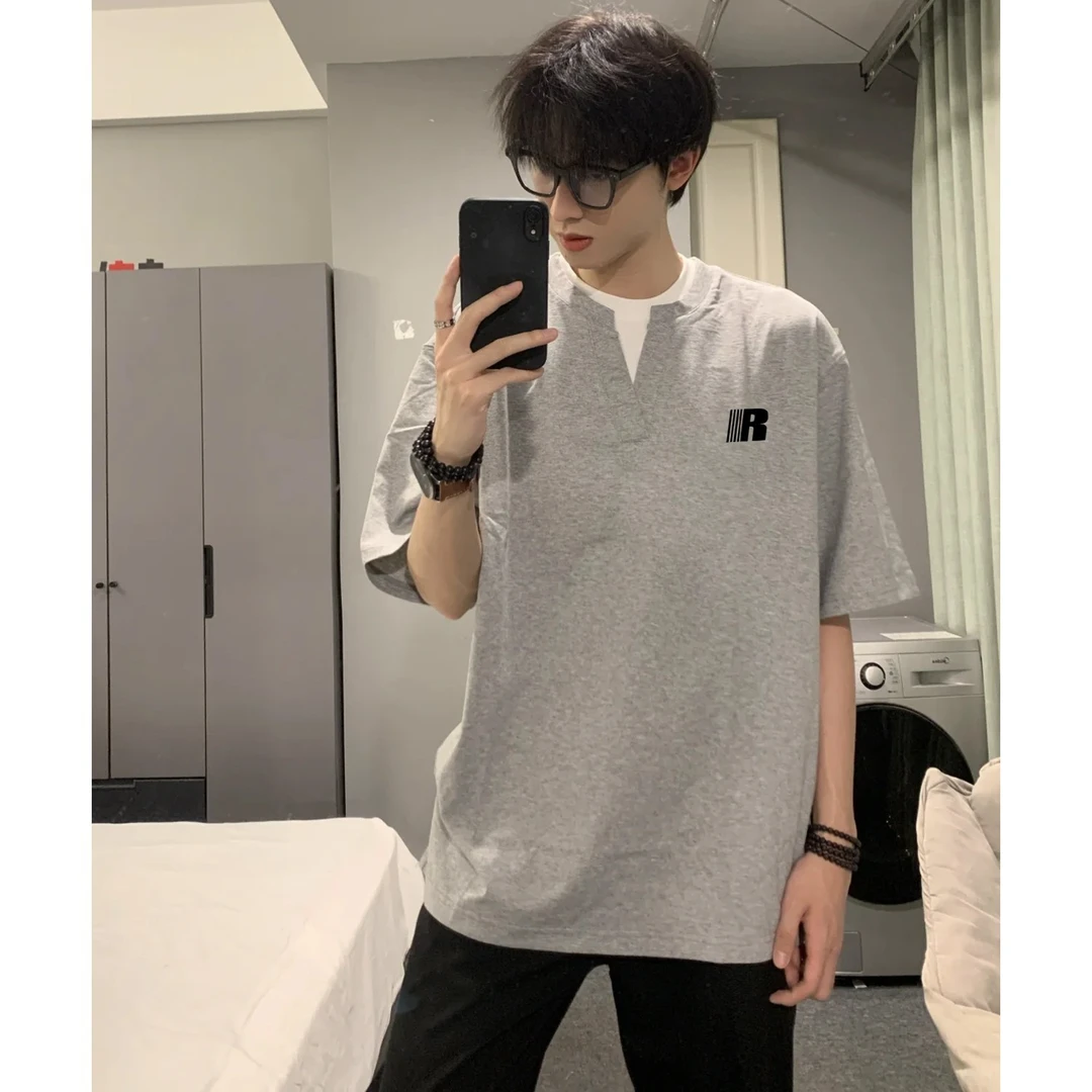 100%纯棉美式潮牌简约字母印花假两件短袖t恤男女夏季V领宽松上衣