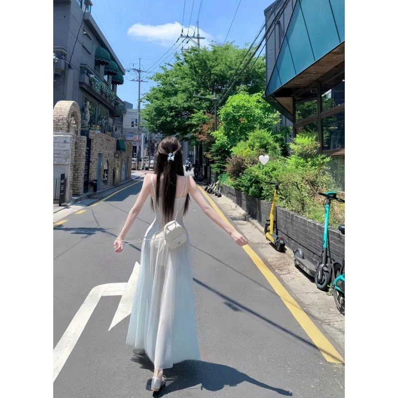 吸汗镂空少女风荷叶领圆领连衣裙白色韩版时尚吊带裙长裙夏季