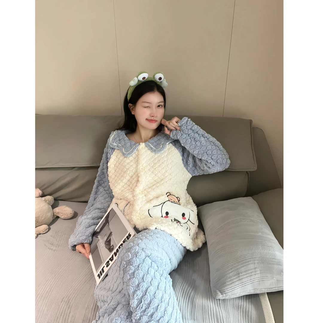 可外穿绒保暖睡衣毛绒珊瑚绒秋冬甜美可爱加绒加厚法兰家居服套装