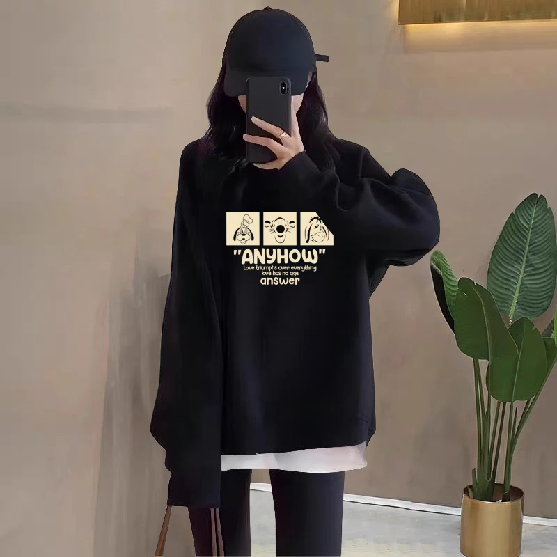 假两件圆领卫衣女2025秋冬新款宽松中长款遮屁股加绒加厚拼接上衣