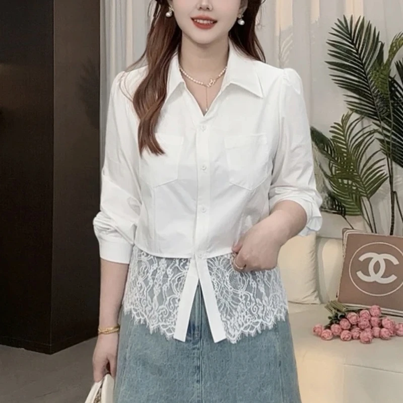 设计感蕾丝拼接白色衬衫女士春秋2025新款春季短款长袖衬衣女上衣